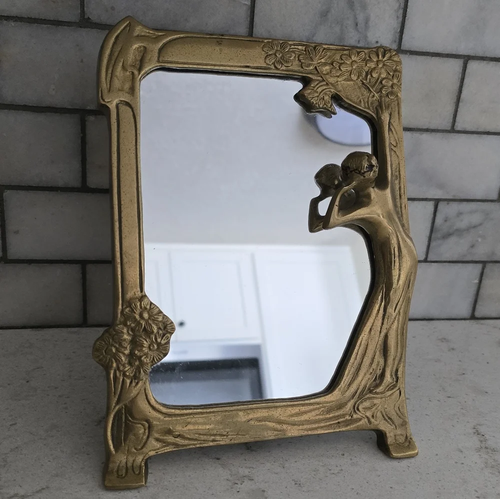 ELEGANT ART DECO SOLID BRASS VANITY TABLE TOP MIRROR LADY MOTIF ART NOUVEAU